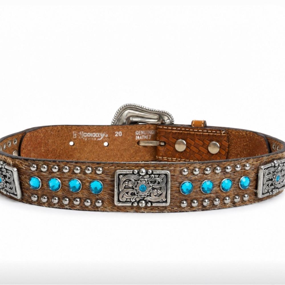 NOCONA Genuine Leather Kids Western Belt Brown Tooled Turquoise Cowboy Size 20